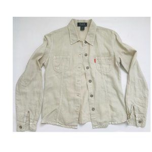 Elise collection linen blend tan button down shirt